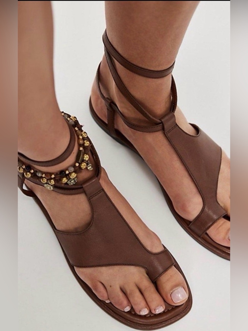 Free People All Aboard Leather Sandals Whiskey Brown Size 7.5 NWOB